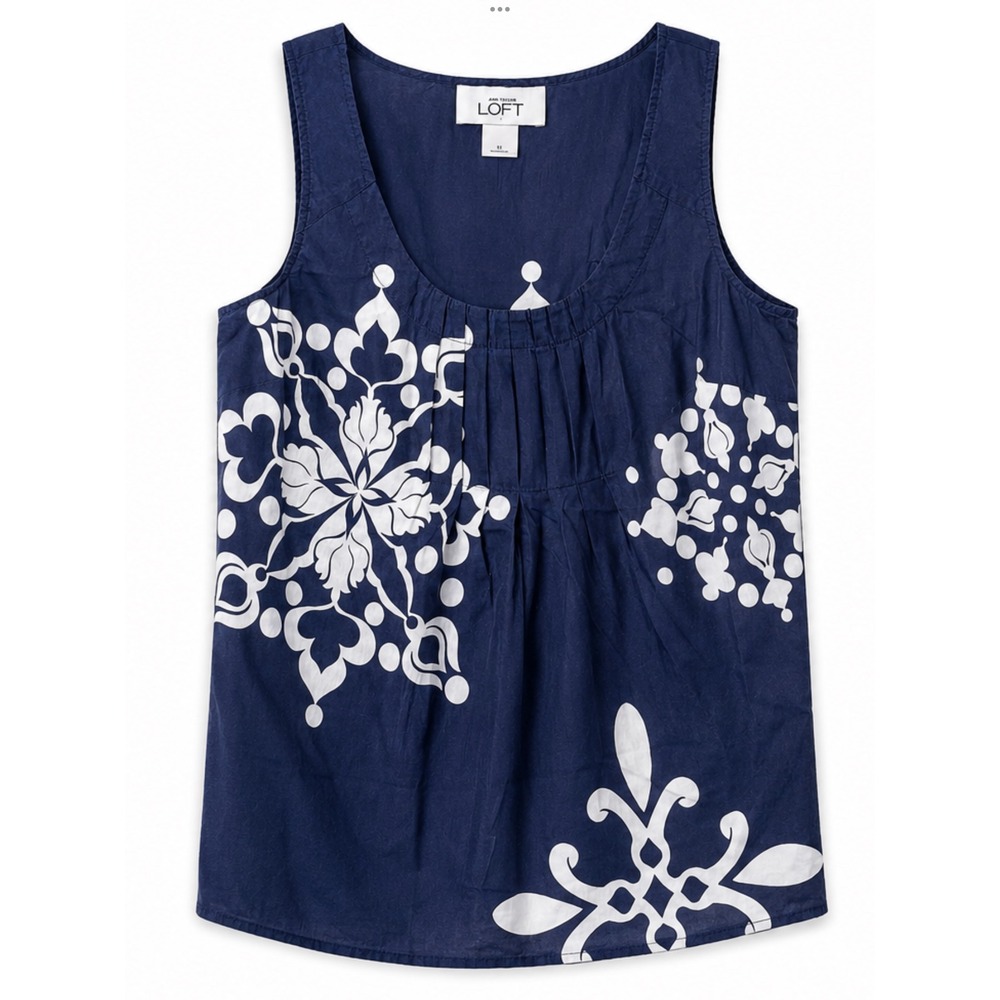 Ann Taylor LOFT Navy Blue White Medallion Silk Blend Sleeveless Tank Top Medium